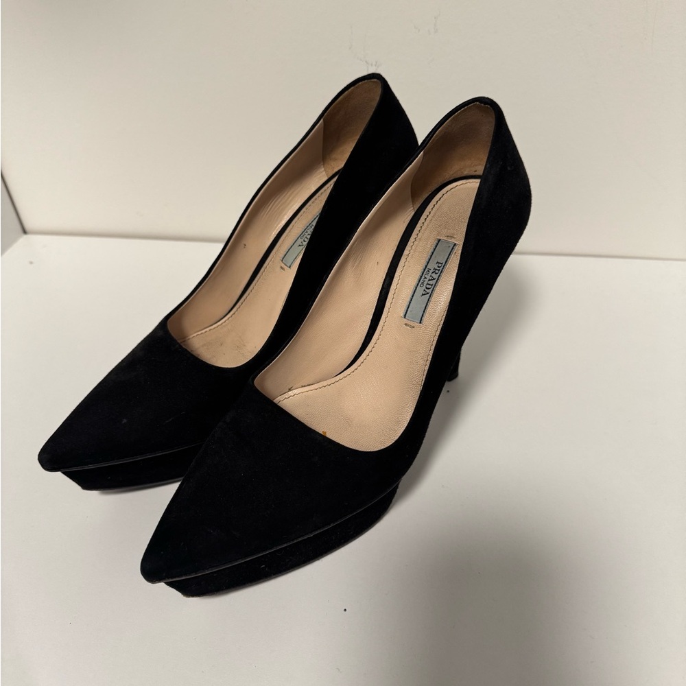 Prada black pointed toe suede heels